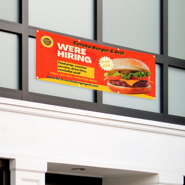 Customize Burger Restaurant We're Hiring Now  Banner (Outside Building)