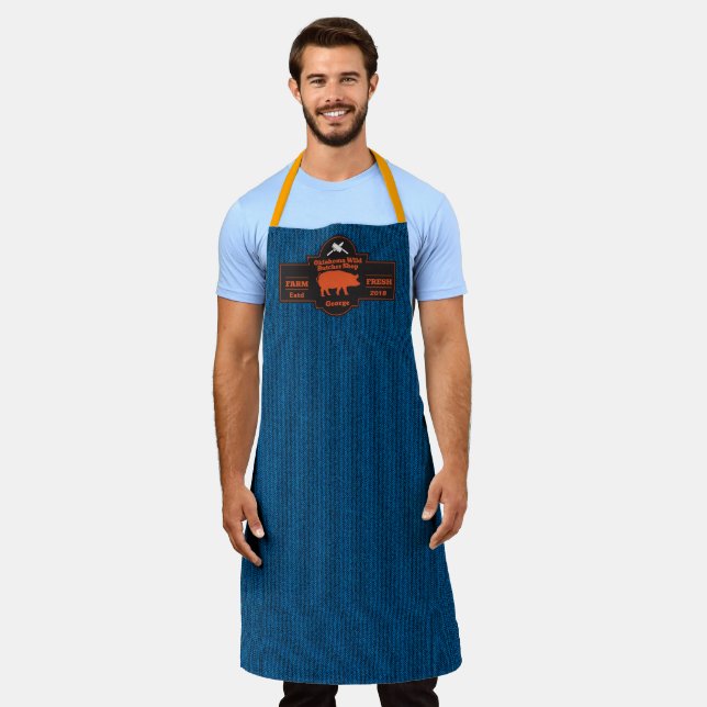 Customize Butcher Shop Hog Pig Orange Black Graphi Apron (Worn)