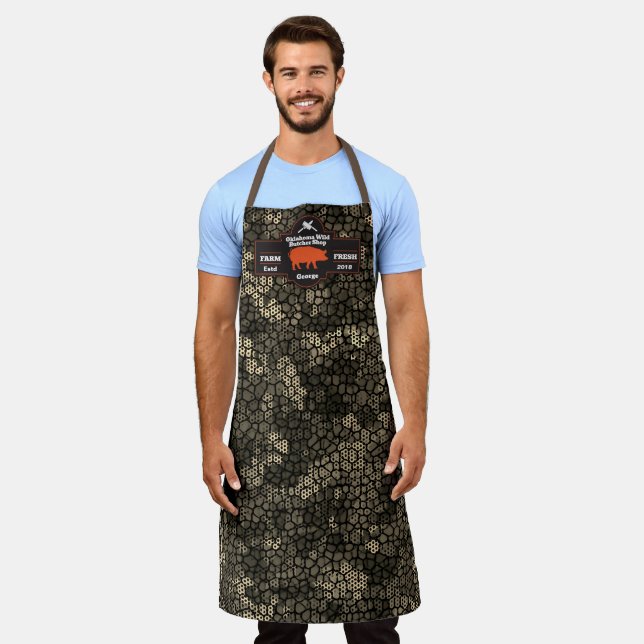 Customize Butcher Shop Orange Hog Pig Black Camo  Apron (Worn)