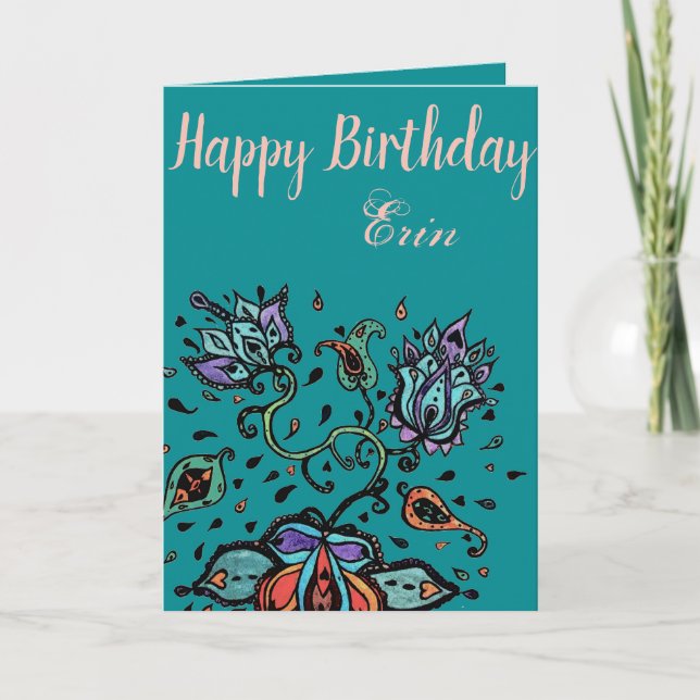 Customize by Name Happy Birthday Flower Design Card (Front)