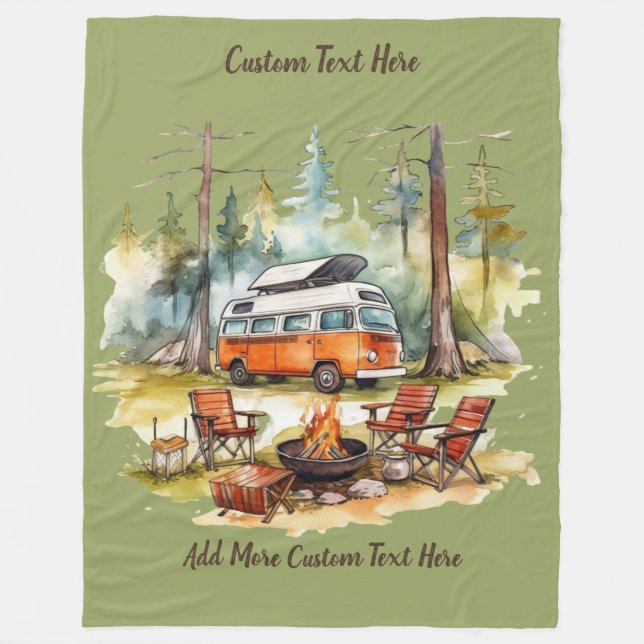 Customize Camper Van Parked In The Woods Camping Fleece Blanket (Front)