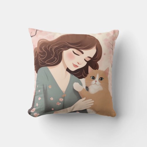 Customize Cat Lady and Her Kitty Sakura Forest Throw Pillow