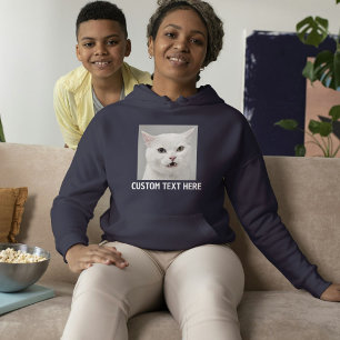 Customize Cat Lover Navy Blue White Text Pet Photo Hoodie