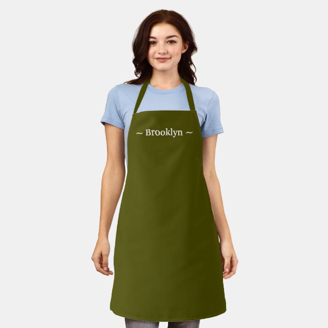 customize change name text white moss olive green apron (Worn)