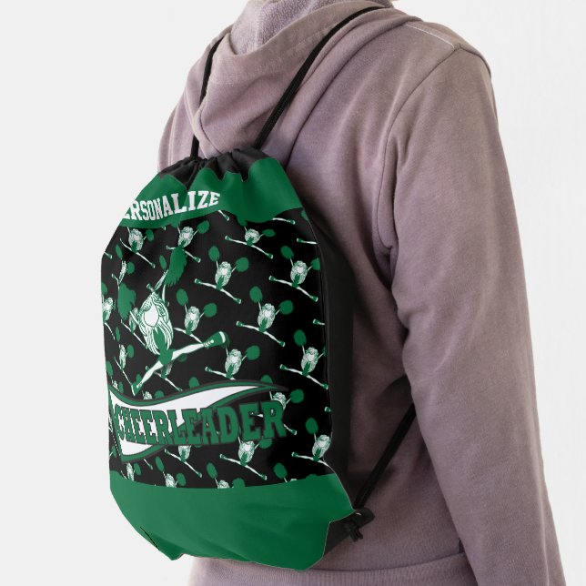 Customize 📣 Cheerleader  | Dark Green & Black Drawstring Bag (Insitu)