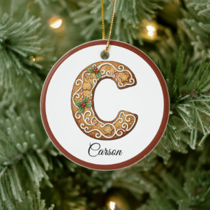 Customize Christmas Gingerbread Letter C Monogram Ceramic Ornament