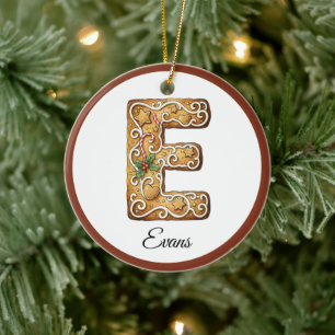 Customize Christmas Gingerbread Letter E Monogram Ceramic Ornament