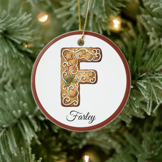 Customize Christmas Gingerbread Letter F Monogram Ceramic Ornament (Tree)