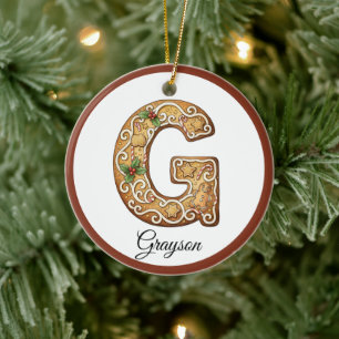 Customize Christmas Gingerbread Letter G Monogram Ceramic Ornament