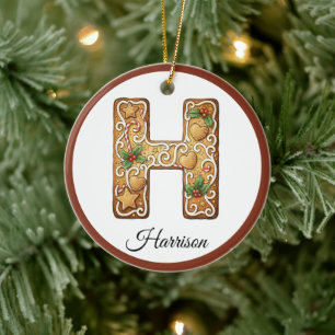 Customize Christmas Gingerbread Letter H Monogram Ceramic Ornament