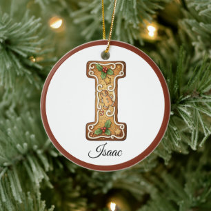 Customize Christmas Gingerbread Letter I Monogram Ceramic Ornament