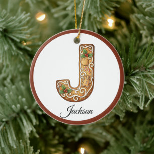 Customize Christmas Gingerbread Letter J Monogram Ceramic Ornament