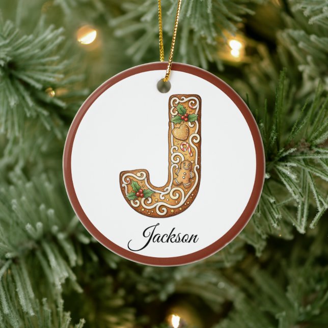 Customize Christmas Gingerbread Letter J Monogram Ceramic Ornament (Tree)