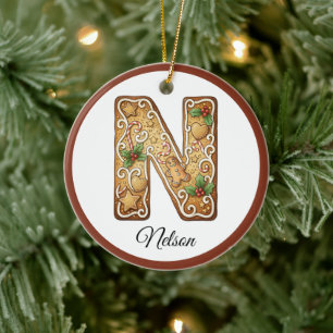 Customize Christmas Gingerbread Letter N Monogram Ceramic Ornament