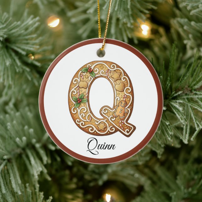 Customize Christmas Gingerbread Letter Q Monogram Ceramic Ornament (Tree)