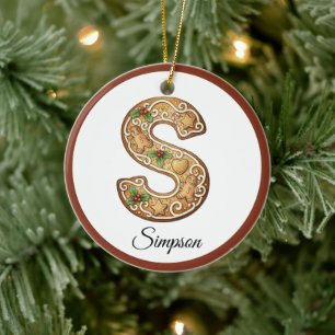 Customize Christmas Gingerbread Letter S Monogram Ceramic Ornament