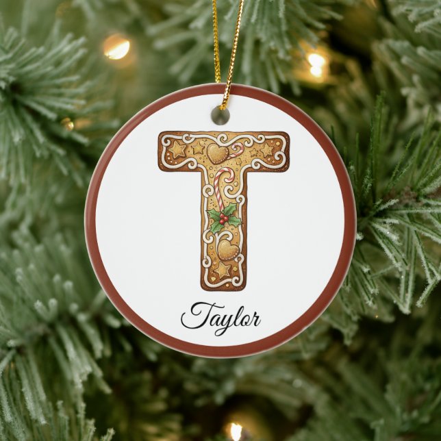 Customize Christmas Gingerbread Letter T Monogram Ceramic Ornament (Tree)