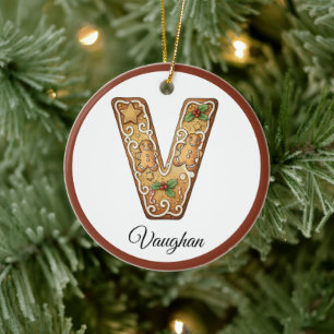 Customize Christmas Gingerbread Letter V Monogram Ceramic Ornament