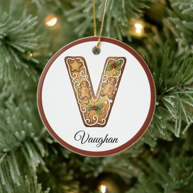 Customize Christmas Gingerbread Letter V Monogram Ceramic Ornament (Tree)