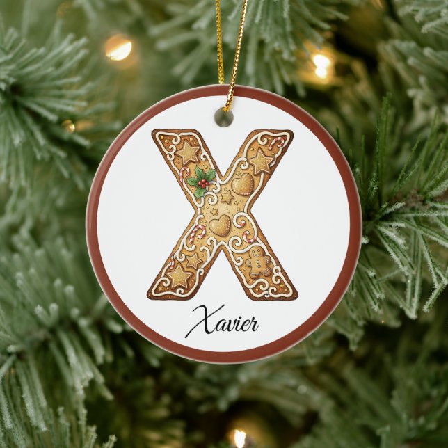 Customize Christmas Gingerbread Letter X Monogram Ceramic Ornament (Tree)