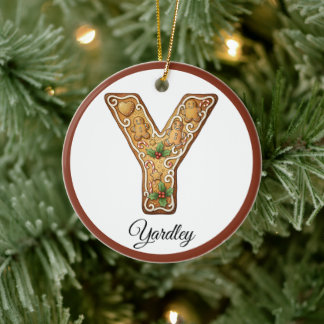 Customize Christmas Gingerbread Letter Y Monogram Ceramic Ornament