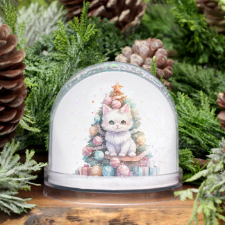 Customize: Colorful Xmas Tree Cute Kitten Snow Globe