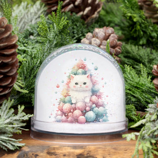 Customize: Colorful Xmas Tree White Kitten Snow Globe