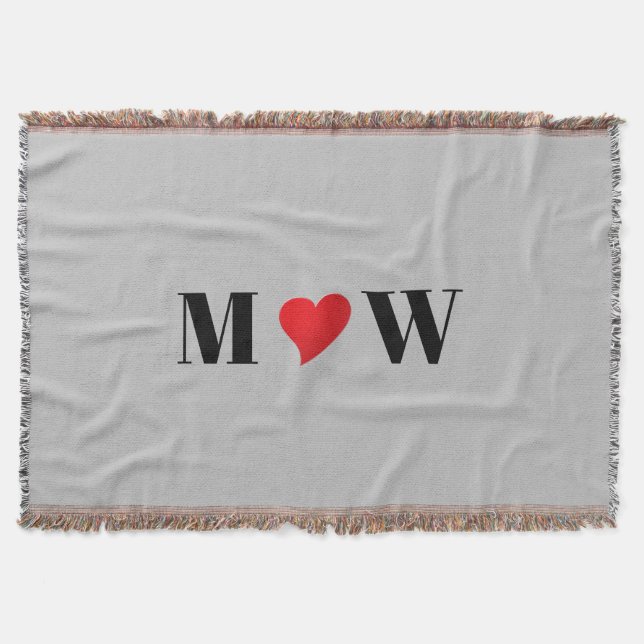 Customize Couple initials A Loves B red heart grey Throw Blanket (Front)