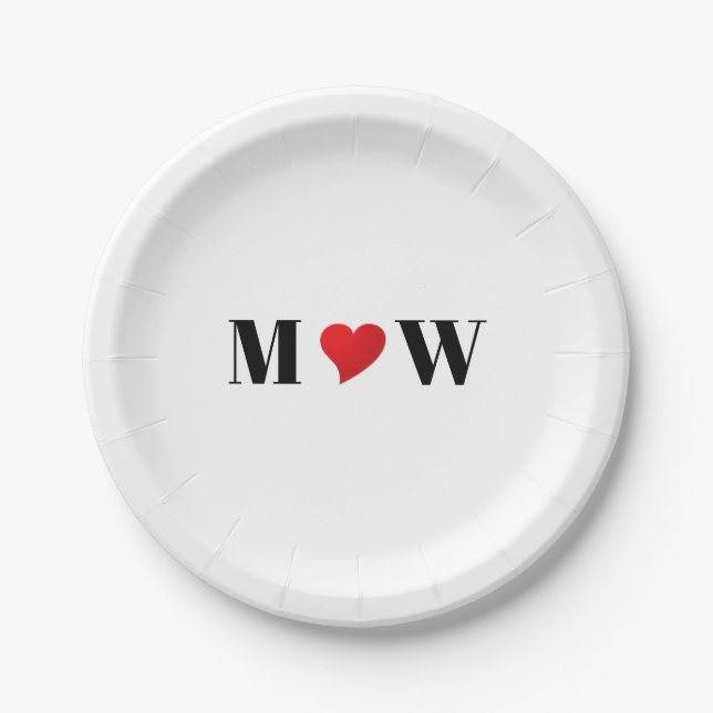 Customize Couple  initials A Loves B red heart Paper Plates (Front)