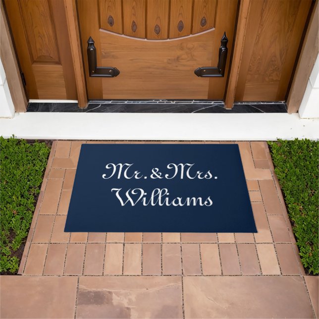 Customize Couple's last name, Mr. & Mrs. navy blue Doormat (Outdoor)