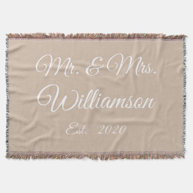 Customize Couple's last name, year, number beige Throw Blanket (Front)