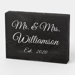 Customize Couple's last name, year, number black Wooden Box Sign