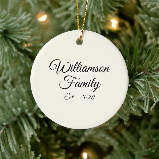Customize Couple's last name, year, number Ivory Ceramic Ornament (Tree)