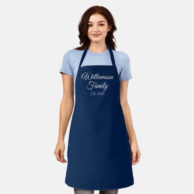 Customize Couple's last name year number navy blue Apron (Worn)