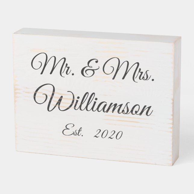 Customize Couple's name year number black white Wooden Box Sign (Angled Horizontal)