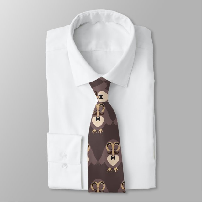 Customize Cute Brown owl with Mustache pattern Neck Tie (Tied)