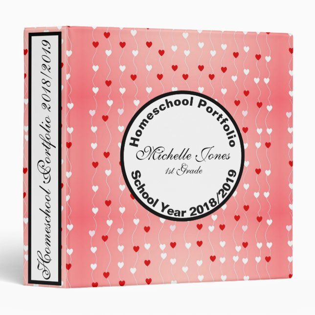 Customize Cute Pink Hearts Homeschool Portfolio 3 Ring Binder (Front/Spine)