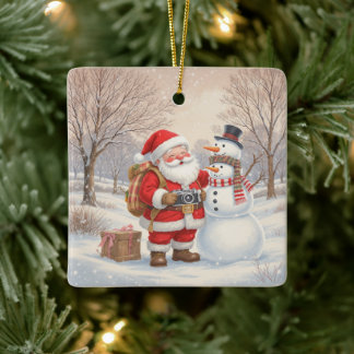 Customize Cute Santa Photographer Ceramic Ornament