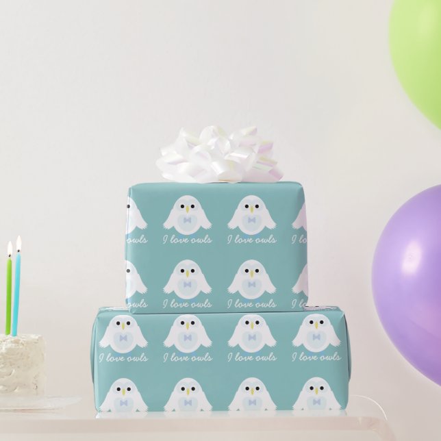 Customize Cute Snowy White owl on Light blue Wrapping Paper (Party Gifts)