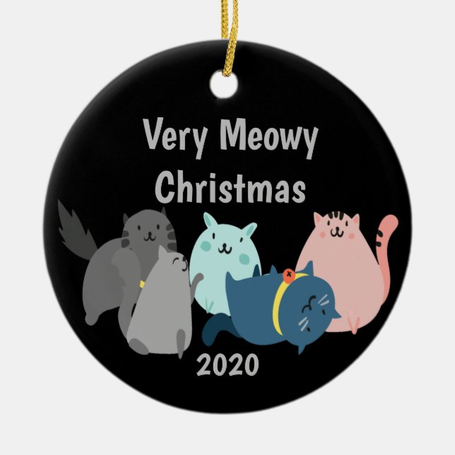 Customize Dated Meowy Christmas Fun Cats Kittens Ceramic Ornament (Front)