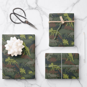 Customize Dinosaur Silhouette Camouflaged Birthday Wrapping Paper Sheets