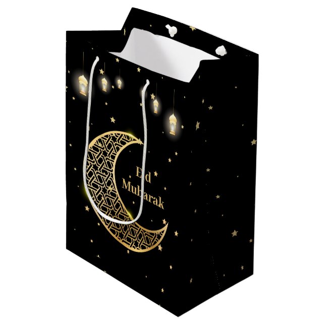 Customize Eid Mubarak / Ramadan Kareem Gold Medium Gift Bag (Front Angled)