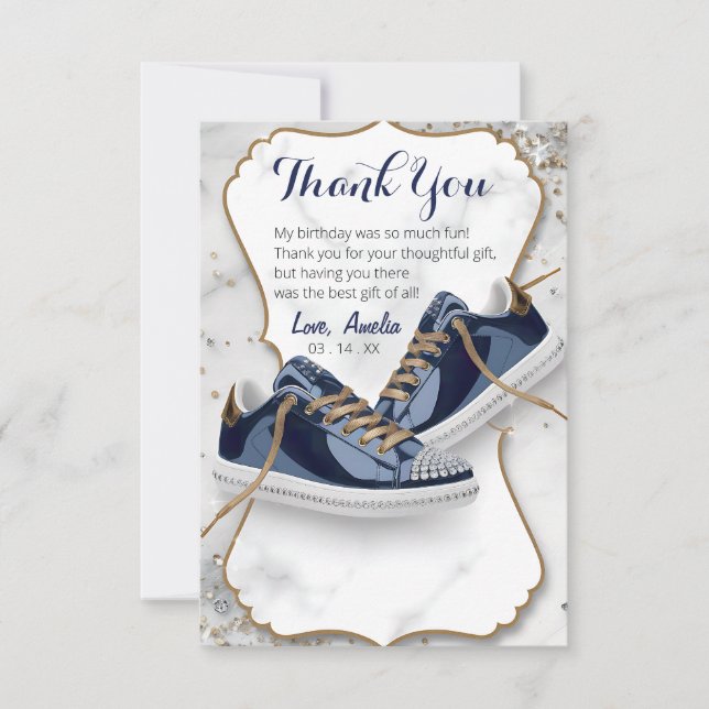 Customize Elegant Birthday Sneaker Ball Party Thank You Card (Front)