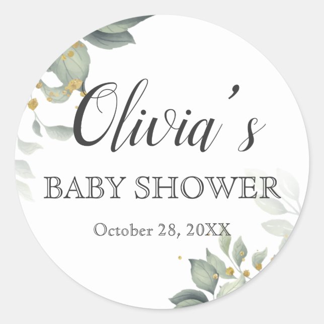 Customize Elegant Greenery Modern Baby Shower RSVP Classic Round Sticker (Front)