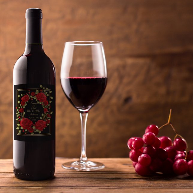 Customize Elegant Red Roses Gold Framed Black Wine Label (Creator Uploaded)