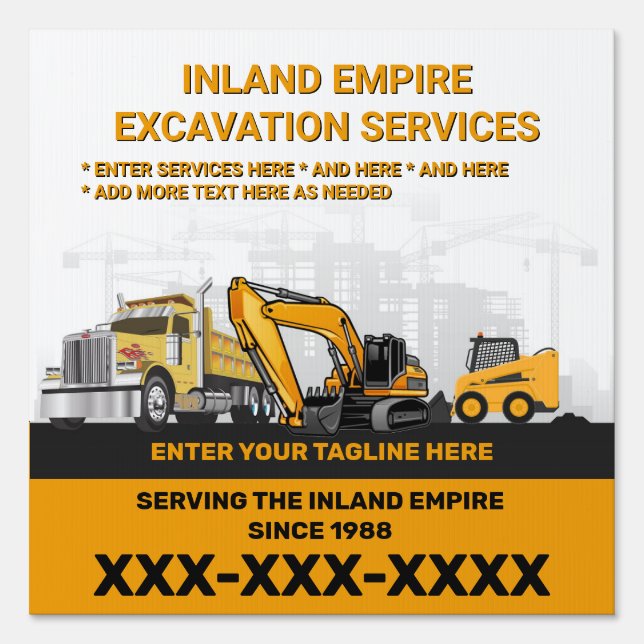 Customize Excavation General Contractor Constructi Sign (Front)