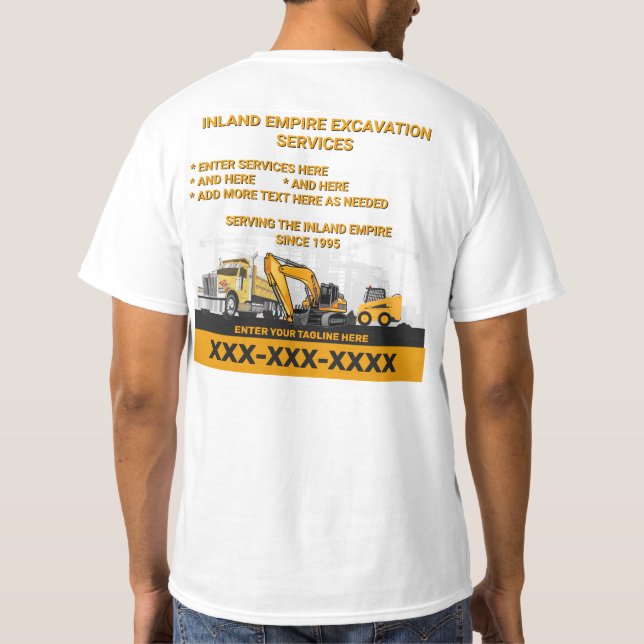Customize Excavation General Contractor Constructi T-Shirt (Back)