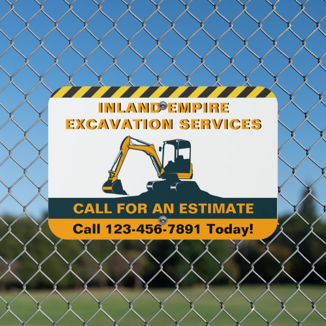 Customize Excavator For Hire Small Business Metal Sign (In Situ(Fence))