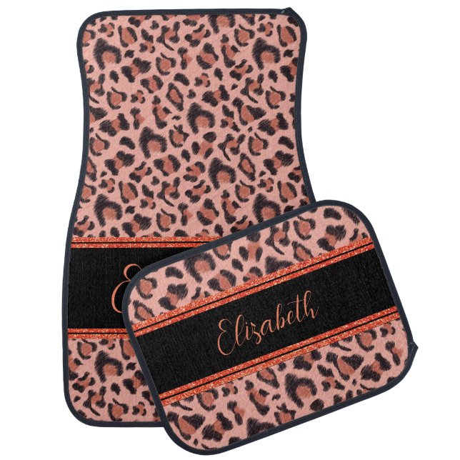 Customize Faux Leopard Fur Animal Pink Glitter Car Floor Mat (Set)