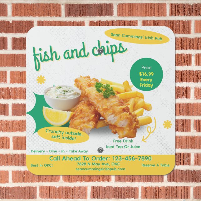 Customize Fish and Chips Restaurant Promo Roadway Metal Sign (In Situ(Brick))